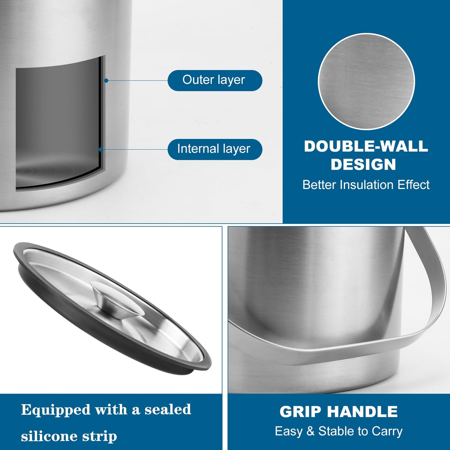 Berverra 5L Insulated Ice Bucket for Party,Portable Large Capacity Ice Buckets,Double-Wall Stainless stell Ice Container Keep Ice Cool,Champagne,Wine,Cocktail Beverage Bucket with Lid,Scoop & Tong
