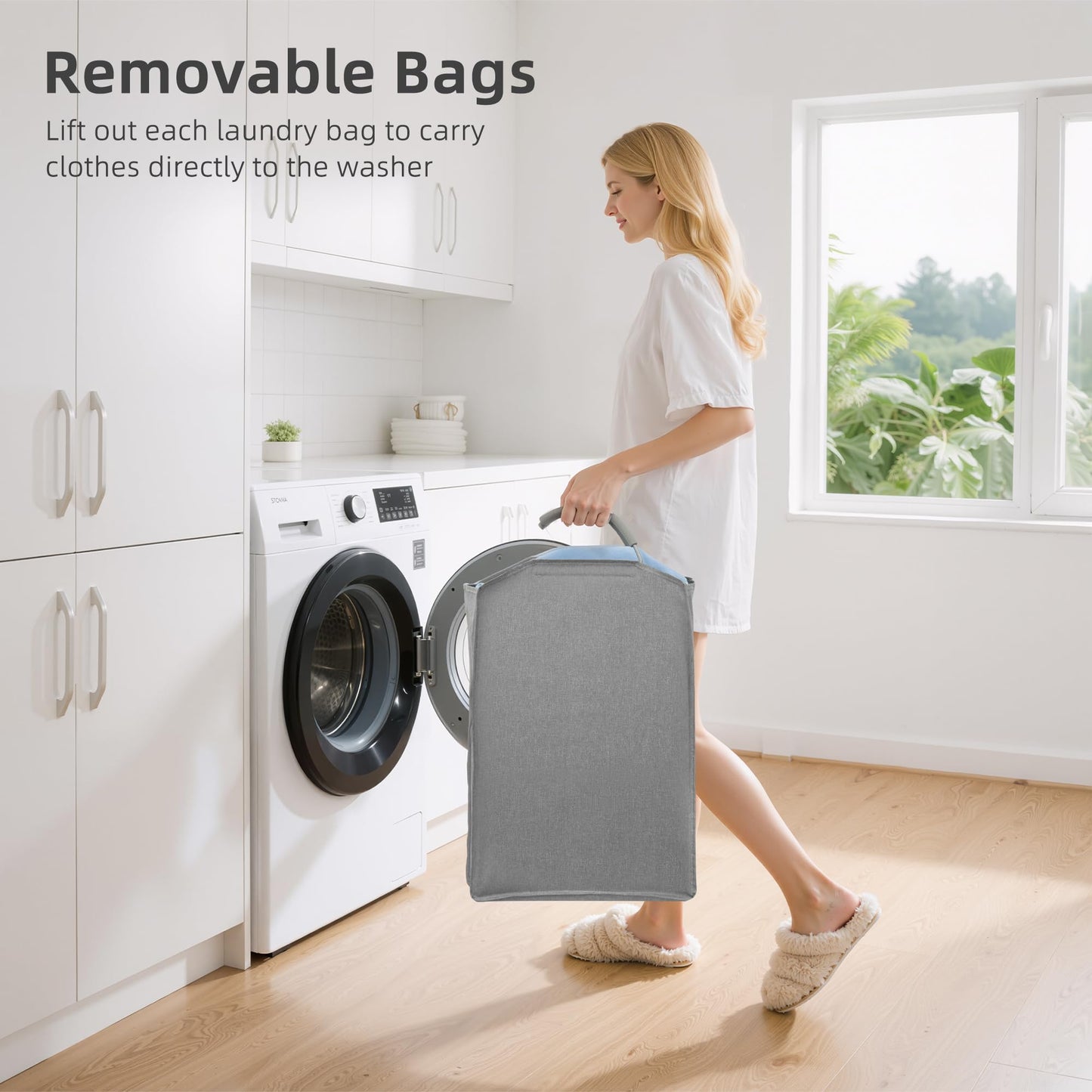 STORAGE MANIAC 2 Tier Vertical Laundry Hamper, 2 Section Laundry Sorter with 2 Removable Tote Bags, Rolling Clothes Basket for Towels, Blankets, Tall Dirty Clothes Hamper for Closet, Bathroom, 2 Bags