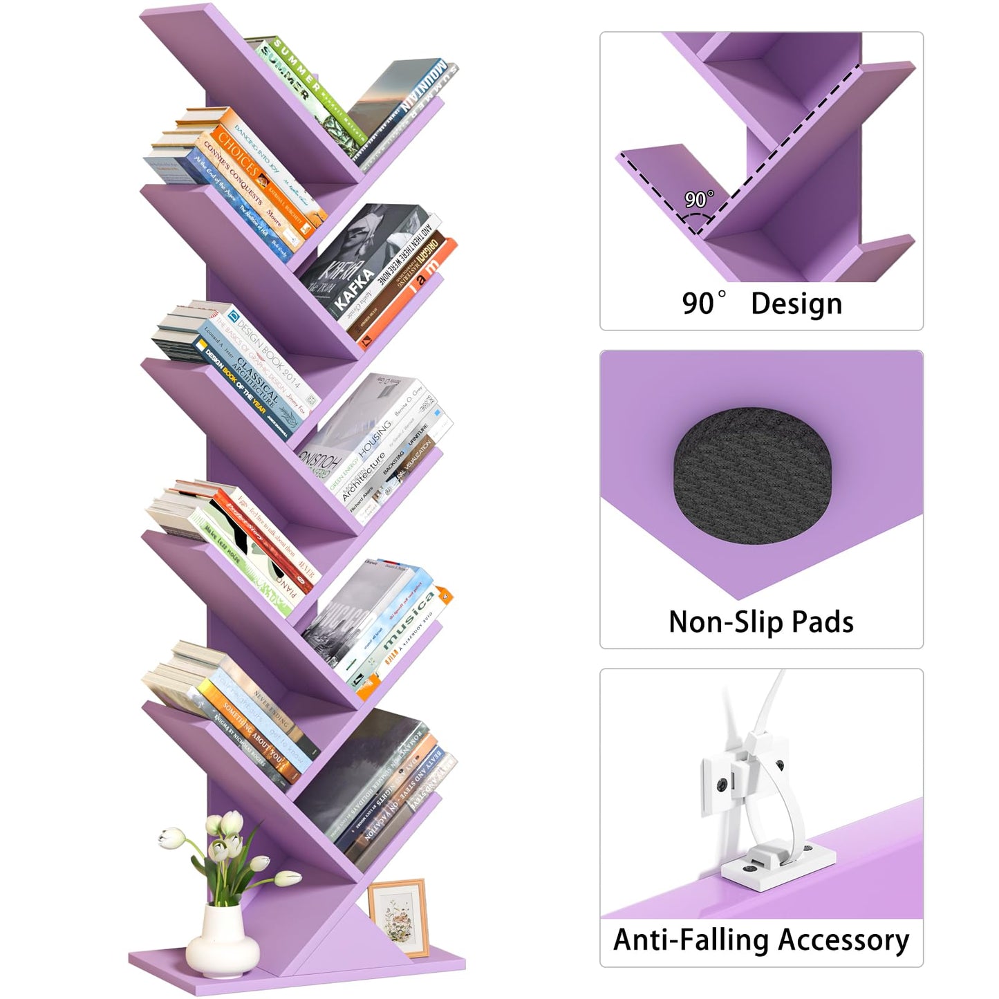 10 Tier Tree Book Shelf, Floor Standing Wood Bookshelf for Narrow Space, Storage Organizer Bookshelves for Books/CDs/Magazine, Bookcase with Shelves for Home Office, Living Room-Dream Purple