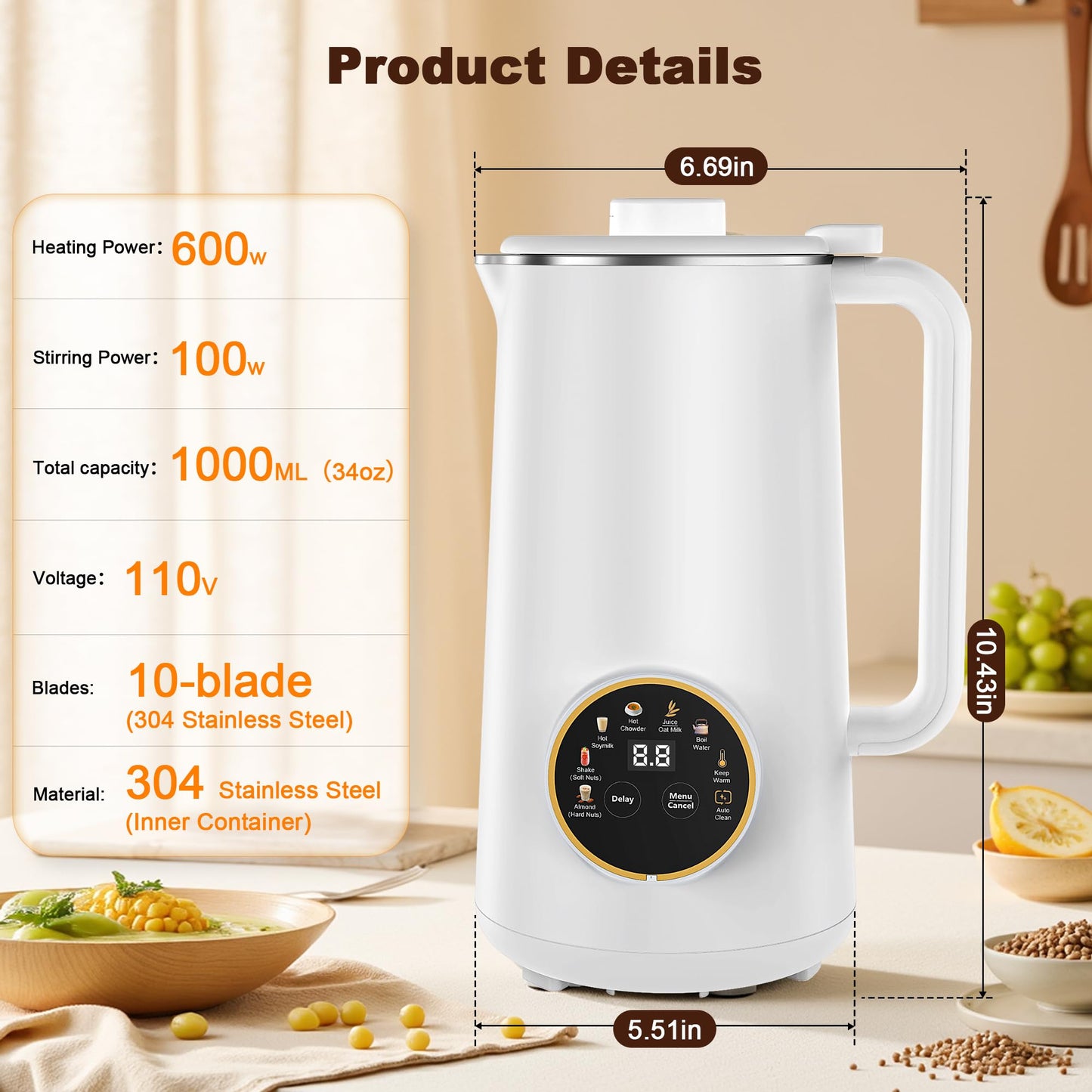 34oz Nut Milk Maker, 10 in 1 Automatic Nut Milk Maker, 304 stainless steel inner container with 10 Blades,Soy Milk Machine,Plant Based Milks Homemade Oat,Chowder,Juice,Almond Milk Machine