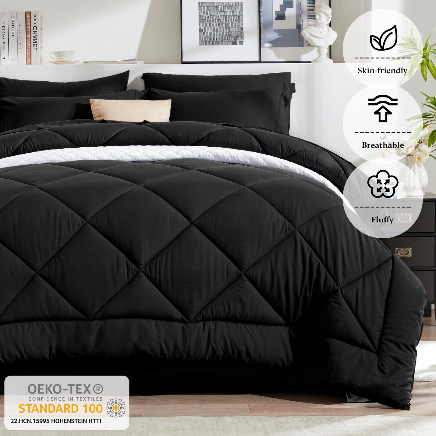 Newspin Queen Comforter Set Black - Bed in a Bag Queen Size 8 Pieces, All Season Bed Set, Fluffy Comforter Set with Sheets, Sheet Set Quilt Blanket, Pillowcases & Shams & Bed Skirt
