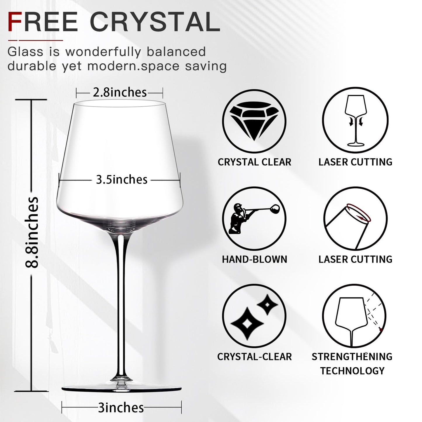 Physkoa White Red Wine Glasses Set of 6 – 18oz Clear【Hand Blown】 Crystal Wine Glass – Tall Long Stem Modern Wine Glasses – Square Wine Glass with flat bottom
