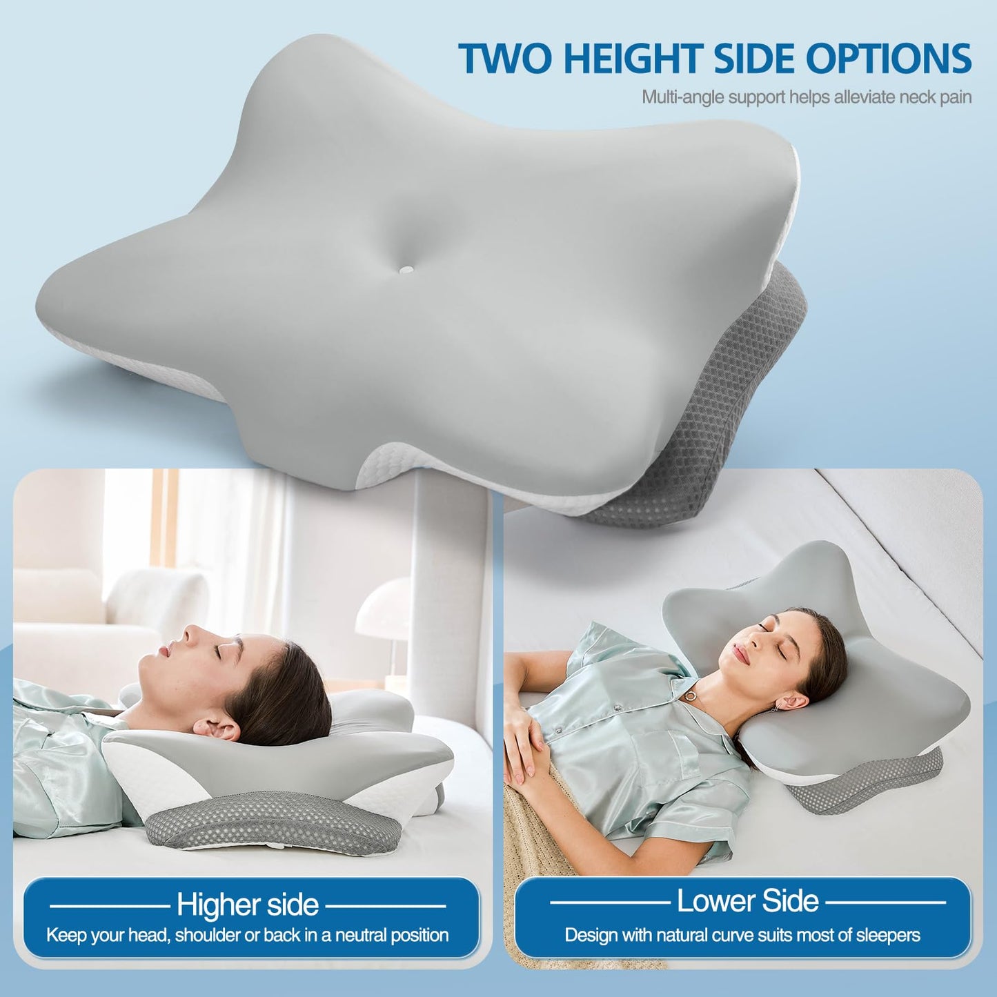 Krightlink Ergonomic Memory Foam Cervical Pillow for Neck Pain Relief - Contour Design with Dual Heights for Side/Back/Stomach Sleepers with Washable Breathable Pillowcas