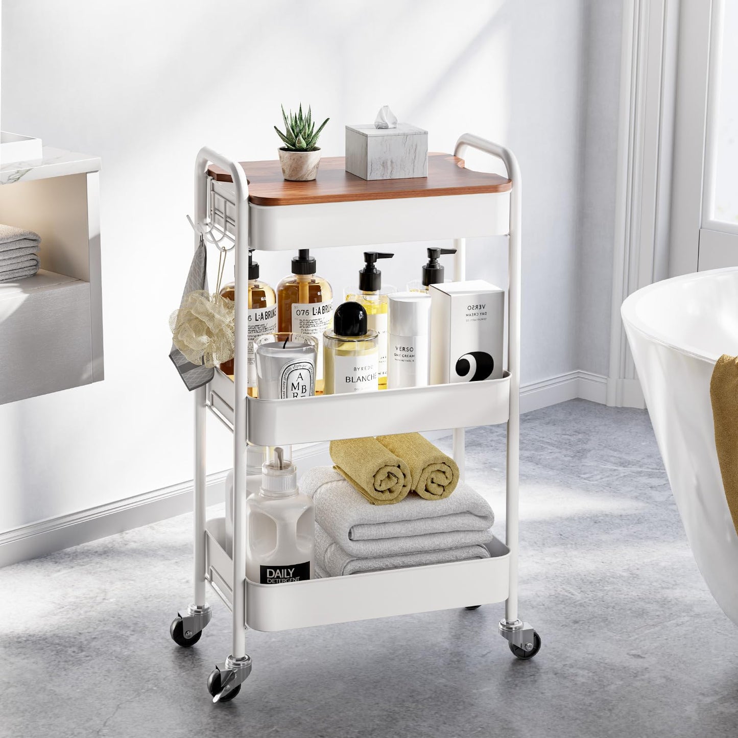 TOOLF 3-Tier Rolling Cart with Table Top, Metal Storage Cart on Wheels, Utility Organizer with Wooden Tray, Lockable Casters, Easy Assembly for Bathroom, Living Room, Office, Kitchen, White