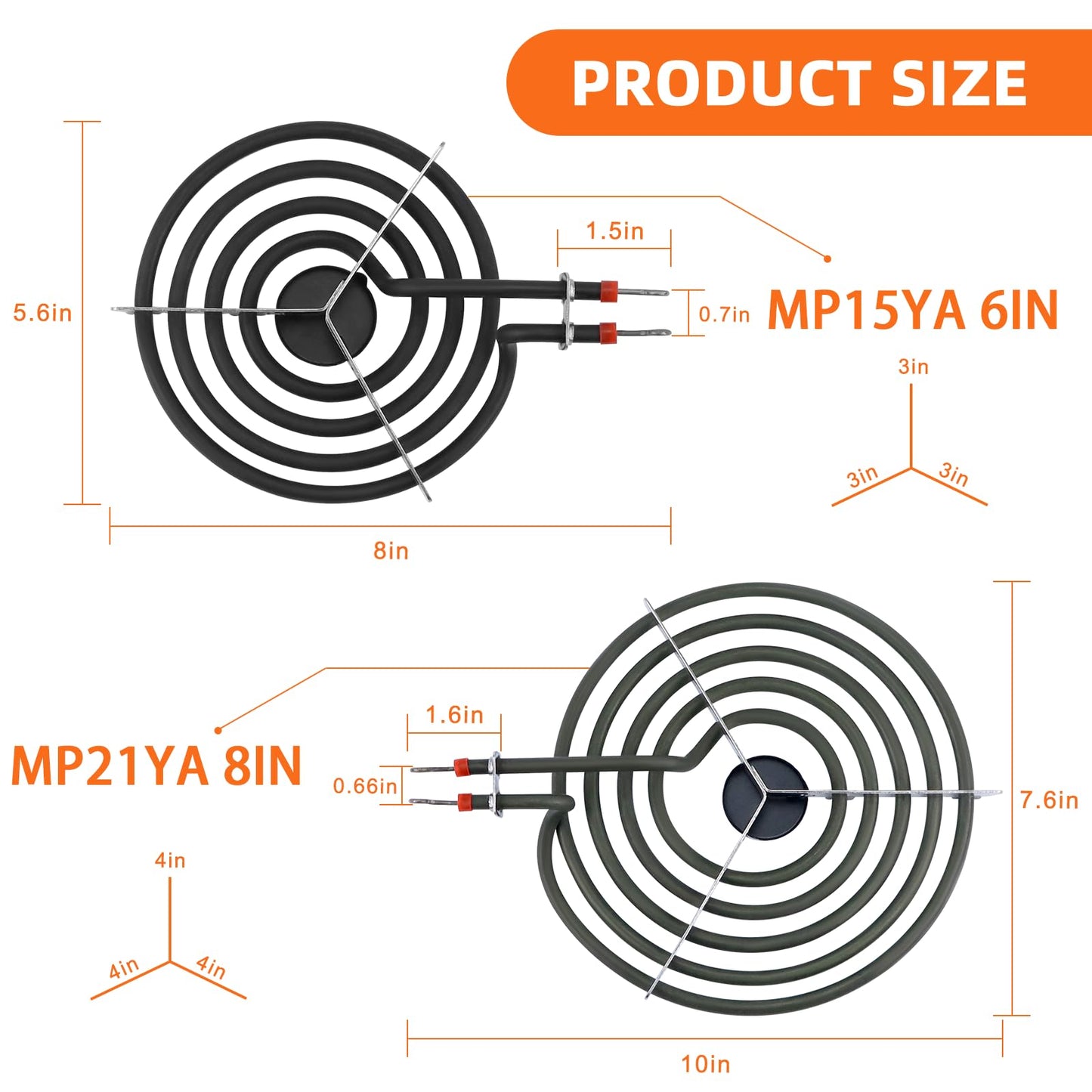 Black Porcelain Burner Drip Pans 2*WB31M19(8”) 2*WB31M20(6”)&Electric Stove Burner Replacement 2*MP15YA(6") 2*MP21YA(8") Compatible for G-E Hot-point Ken-more Electric Range Stove by MIFLUS