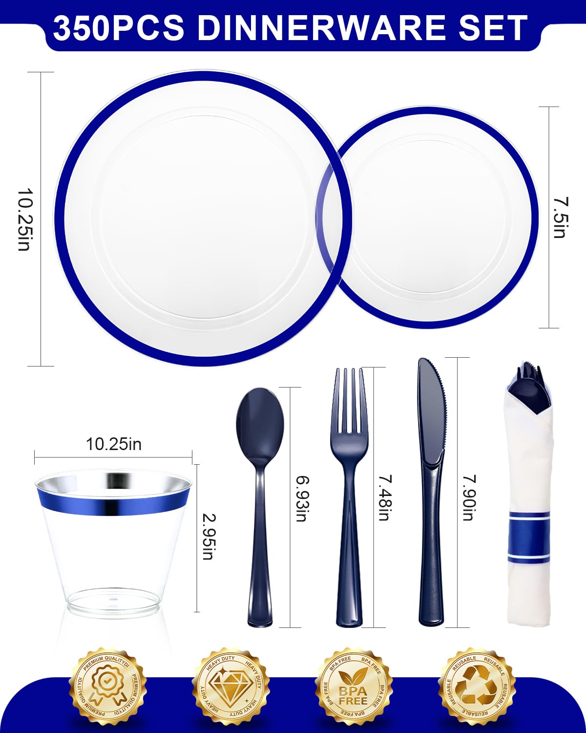 BESTVIP 350PCS Plastic Clear Blue Plates for Party, Disposable Dinnerware Set for 50 Guests, 100 Plastic Plates, 50 Cups, 50 Pre-Rolled Napkins with Cutlery for Graduation Party, Christmas, Birthday