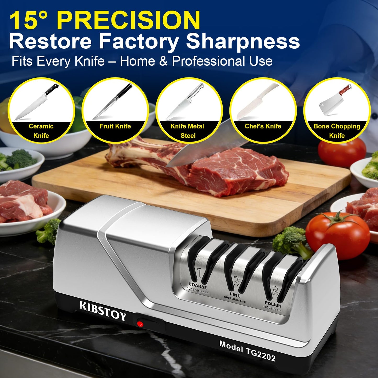 Knife Sharpener Electric, 3-Stage Professional Kitchen Sharpener with 100% Diamond Abrasive, 15° Precision Angle, Magnetic Dust Box, Fast Sharpening & Repair for Chef Knife, Paring Knife