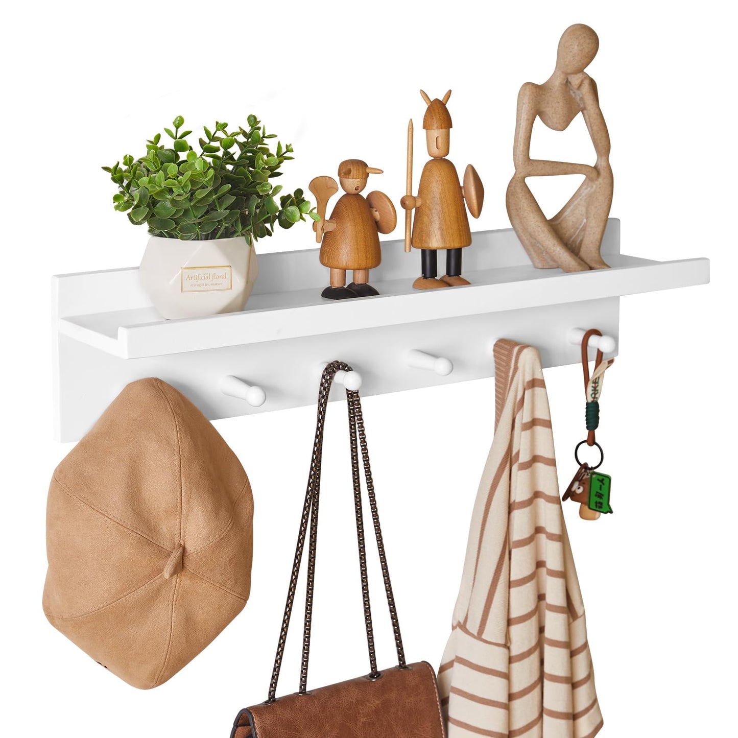 Aibiju Wood Coat Hook with Wall-Mounted Shelf, 23.62in Entryway Wall Hanging Shelf, for Bathroom, Kitchen, Coat Towel Key Organizer White YD-WS0260W