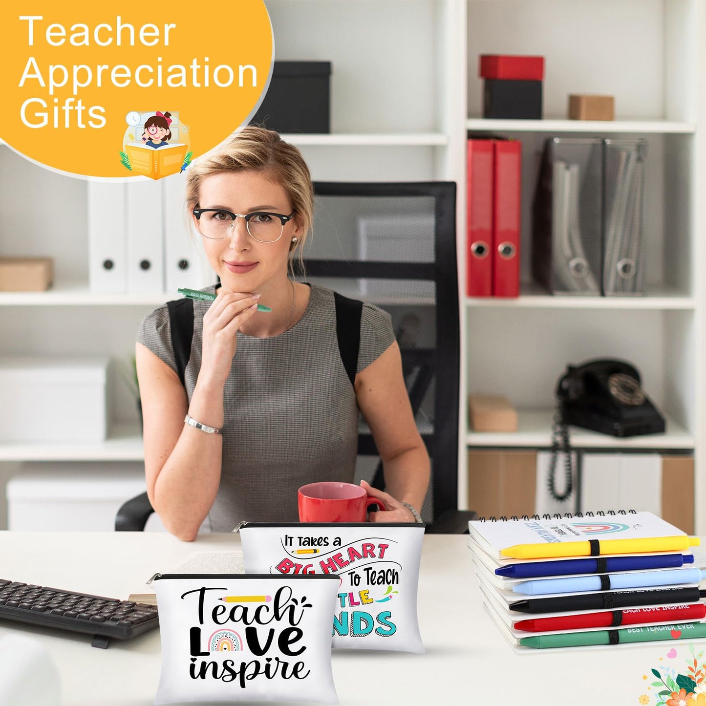Resurhang 72 Pcs Teacher Appreciation Gifts Bulk Spiral Notebook Thank You Gifts for Women Includes Rainbow Wirebound Spiral Notebook Ballpoint Pen Makeup Bags Sticky Note for Teachers Gifts