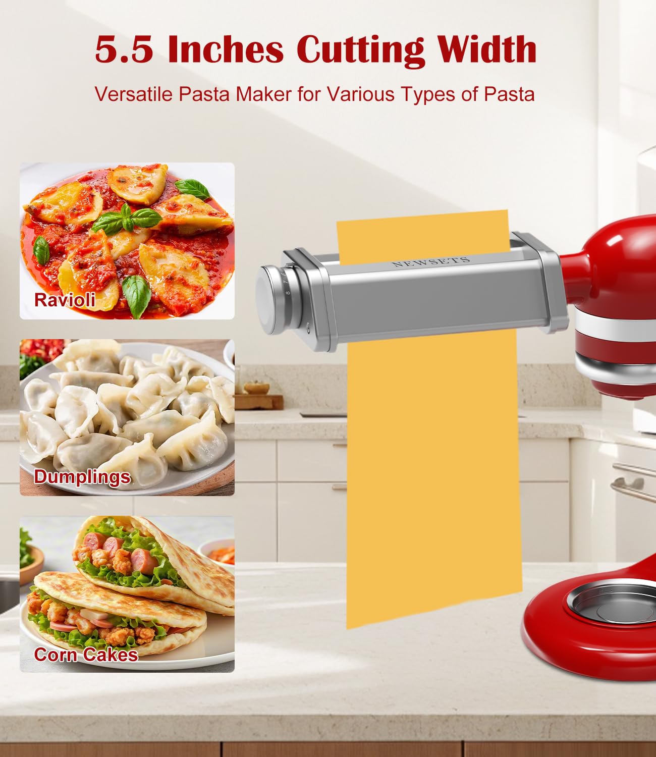 Pasta Roller Attachment for KitchenAid Stand Mixer, Stainless Steel Pasta Maker for Pasta, Ravioli, Noodle Dough Sheet Roller with 8 Adjustable Thickness Knob
