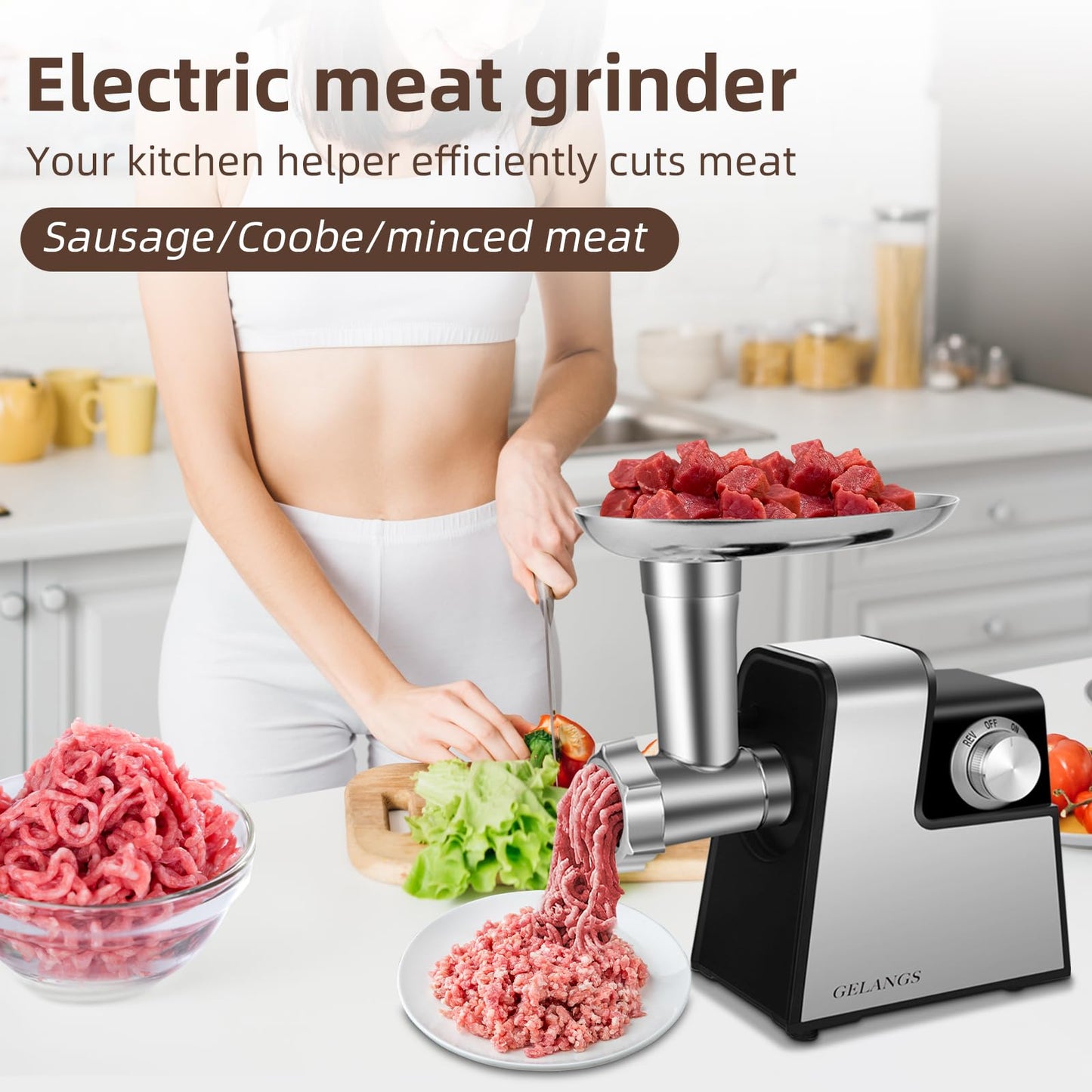 GELANGS Electric Meat Grinder, 350W （MAX2800W）Heavy Duty Stainless Steel Food Grinder with Sausage Stuffer Tubes & Kubbe Kit, 3 Grinding Plates for Home Kitchen Use