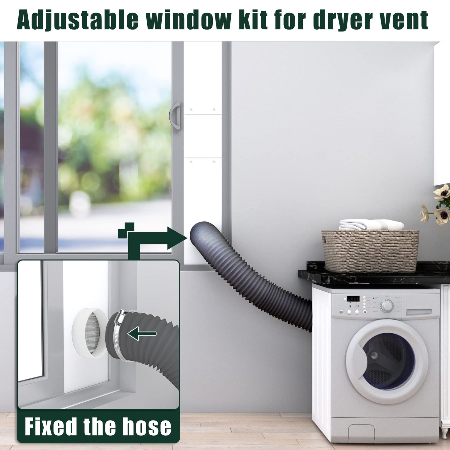 Flehomo Dryer Vent Window Kit with Louvered Vent Cover, Dryer Vent Kit for 4" Diameter Dryer Hose, Adjustable Window Vent Kit for Sliding Windows, Include Insulating Aluminum Seal Tape