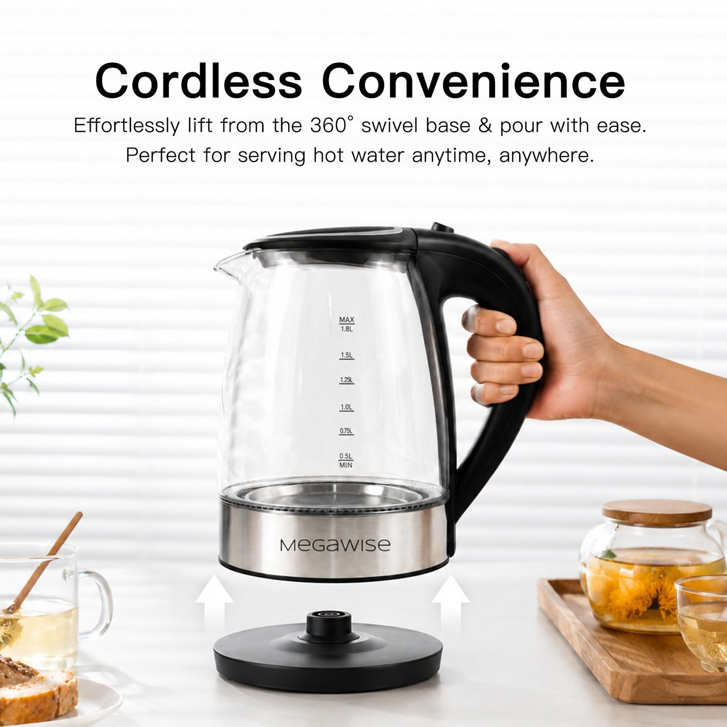 MEGAWISE Electric Kettle, No Plastic Contact with Water, Auto Shut-Off, Fast Boil, 1.8L Electric Glass Kettle, Hot Water Boiler, Tea Kettle, Borosilicate Glass, Black, 1000W