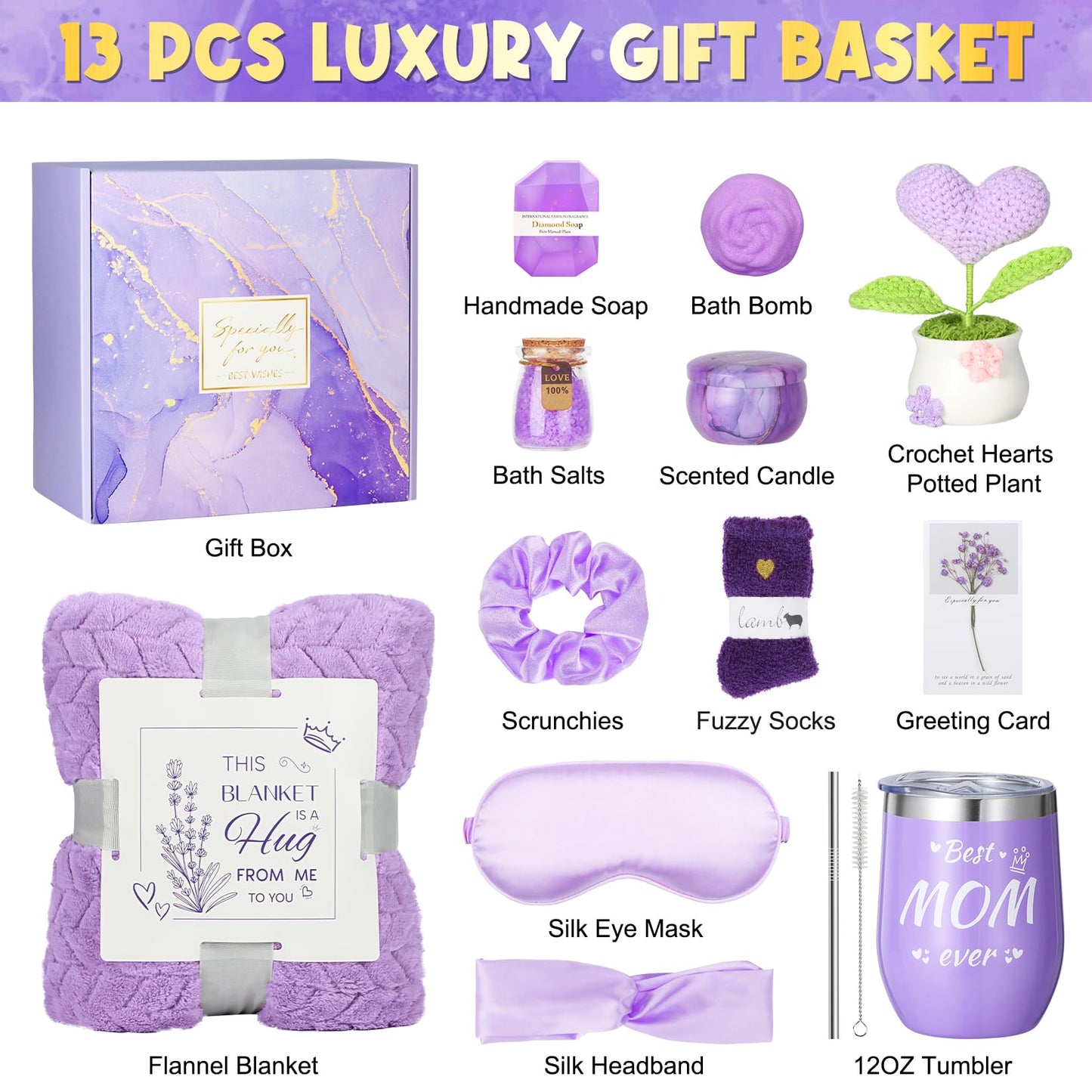 Gift for Mom, Mothers Day Gifts for Mom from Daughter or Son, Lavender Relaxing Spa Gift Baskets with Flannel Blanket, Thoughtful Self Care Gifts for Mother’s Day, Christmas, Valentine’s Day