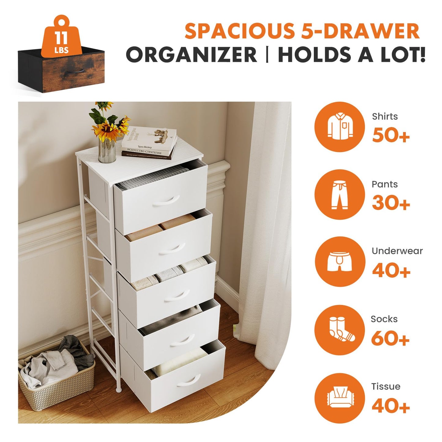Sweetcrispy 5 Drawer Dresser with Fabric Bins Steel Frame Wood top Storage Chest for Bedroom Closet Hallway White Compact Organizer Durable Home Storage Solution