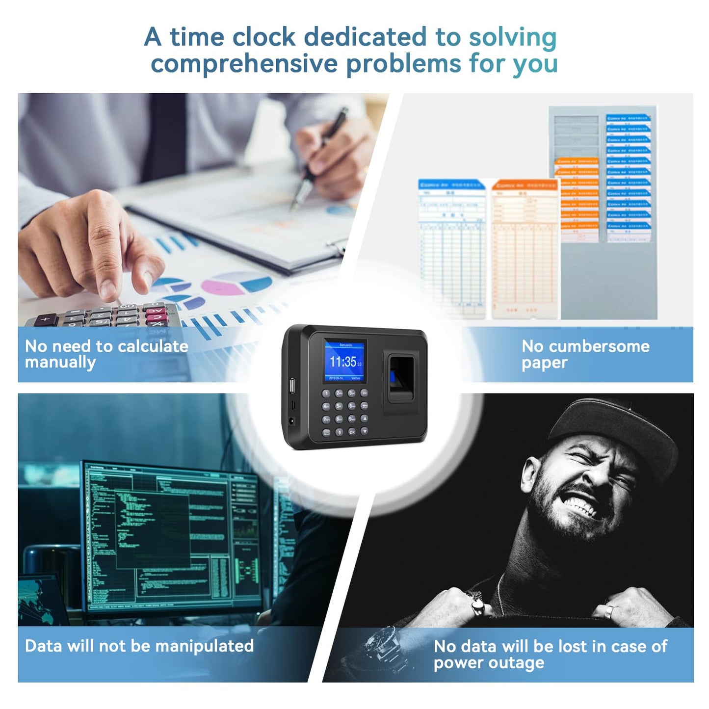 Time Clocks for Employees Small Business, Biometric Fingerprint Time Clock with Attendance Machine, and PIN Clock in and Out Machine, Office Punch Clock for Small Business Management, No Monthly Fees