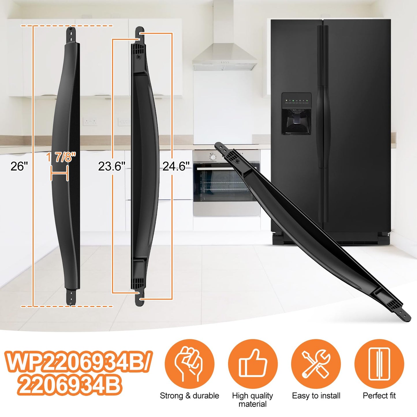 Upgraded WP2206934B Refrigerator Door Handle Compatible with Whirlpool, Kenmore Refrigerator Door Handle Replacement Parts 2206934B Refrigerator Handle Replacement, Reinforced Fridge Door Handle Black