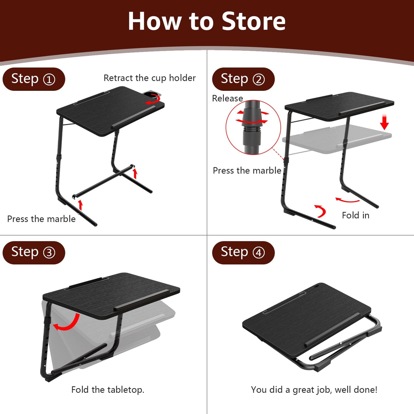 Adjustable TV Tray Black Dinner - Folding Trays for Eating On Couch Wooden Tables Mate Stand Foldable Desk with Cup Holder Portable