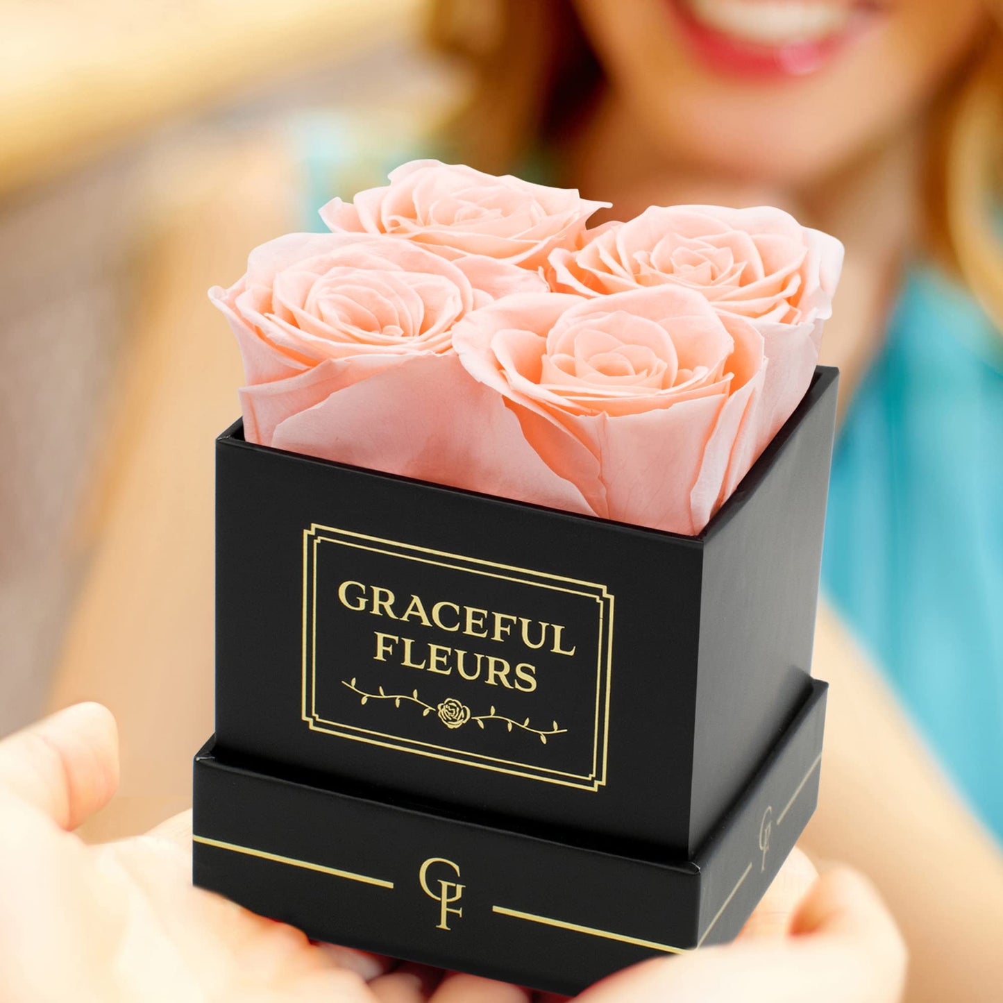 Graceful Fleurs Real Long Lasting Roses in a Box for Years, Preserved Fresh Forever Flowers for Delivery Birthday, Mothers Day Floral Gifts for Women (Light Peach, Black Box, 4 Roses)
