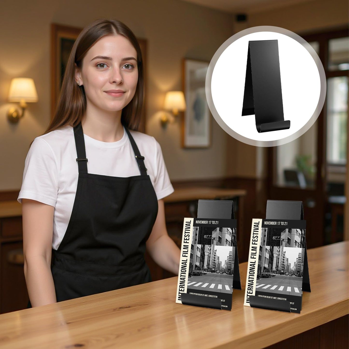 Afcabakila 4 Pack Black Metal Brochure Holder, 8.9" Fancy Vertical Display Stand, Black Heavy Duty Elegant Flyer Brochure Holder Stand for Table Menus, Pamphlets, Countertop Literature Organizer