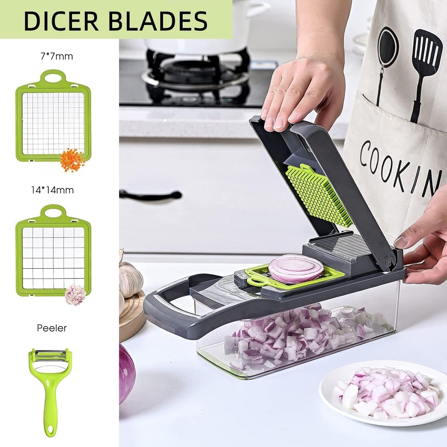 LSLCQW Vegetable Chopper: 16 in 1 Food Chopper - Onion Vegetable Slicer Cutter Dicer, Veggie Cutter with Container, 7 Blades, Kitchen Gadgets for Carrot Salad Garlic Potato Slicer (Grey)