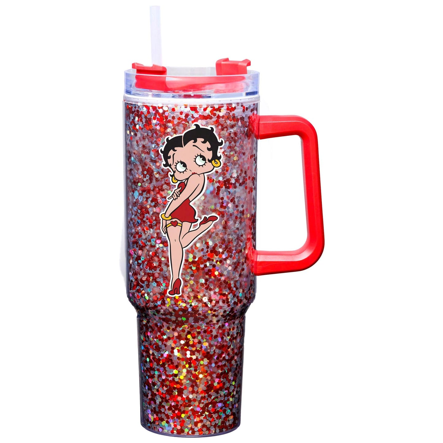 Spoontiques Betty Boop 40oz Glitter Acrylic Travel Mug - Double Wall Acrylic with Sliding Lock Travel Lid and Straw - 11" Tall
