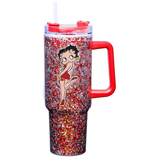 Spoontiques Betty Boop 40oz Glitter Acrylic Travel Mug - Double Wall Acrylic with Sliding Lock Travel Lid and Straw - 11" Tall