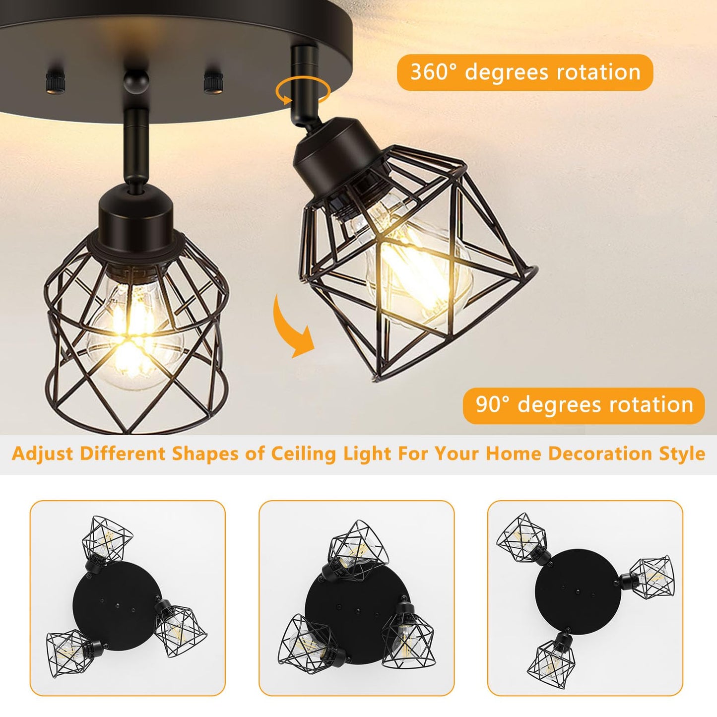 Baocuz 3-Light Kitchen Flush Mount Ceiling Light, Adjustable Multi-Directional Ceiling Light Fixture, Farmhouse Black Metal Cage Close to Ceiling Lamp for Dining Room Bedroom Hallway