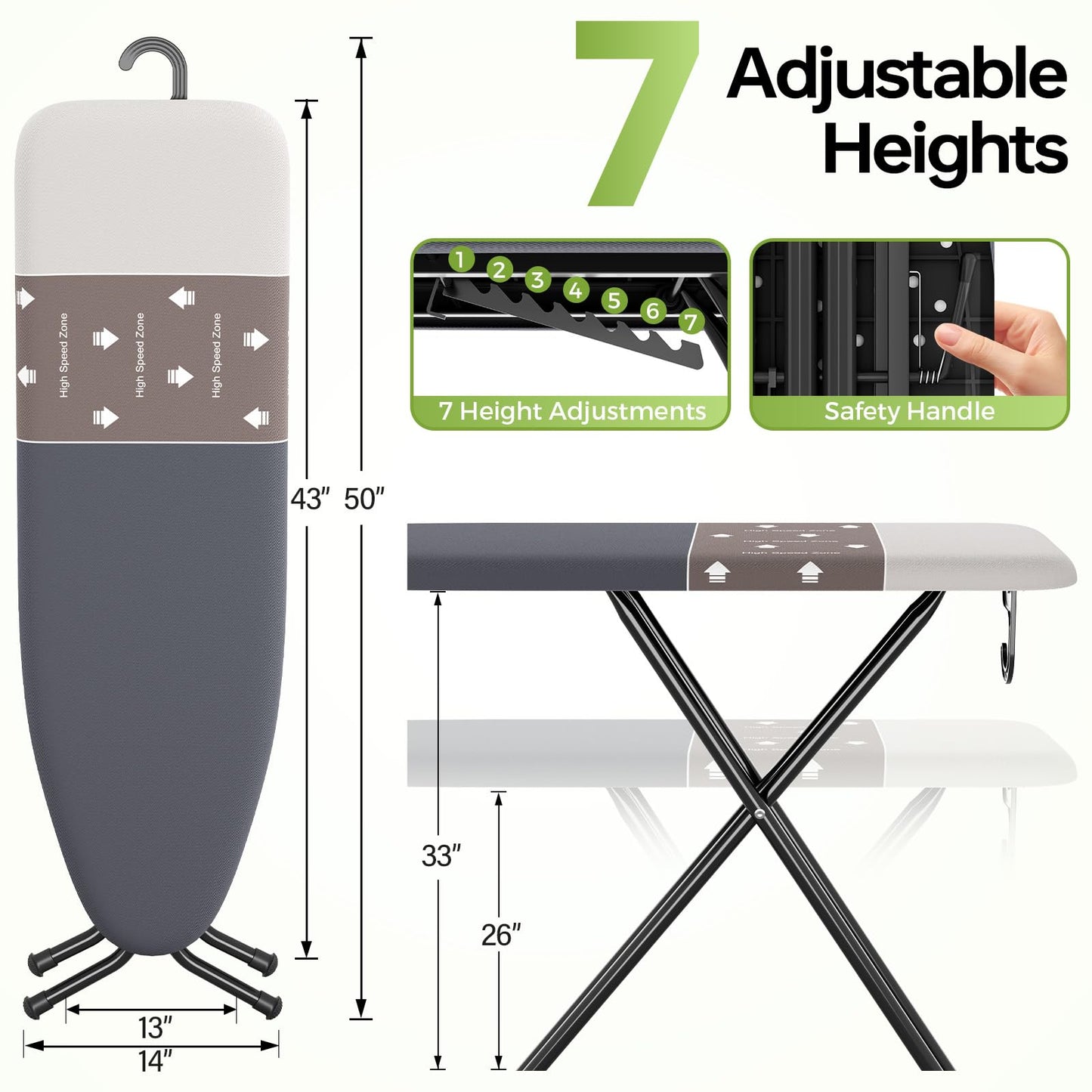 Foldable Ironing Board Standard Size, Iron Board Table Stand Foldable, Space-Saving Iron and Ironing Boards Set, Folding Ironing Boards Full Size with High Speed Zone and Hanging Hook 13”x43” Gray