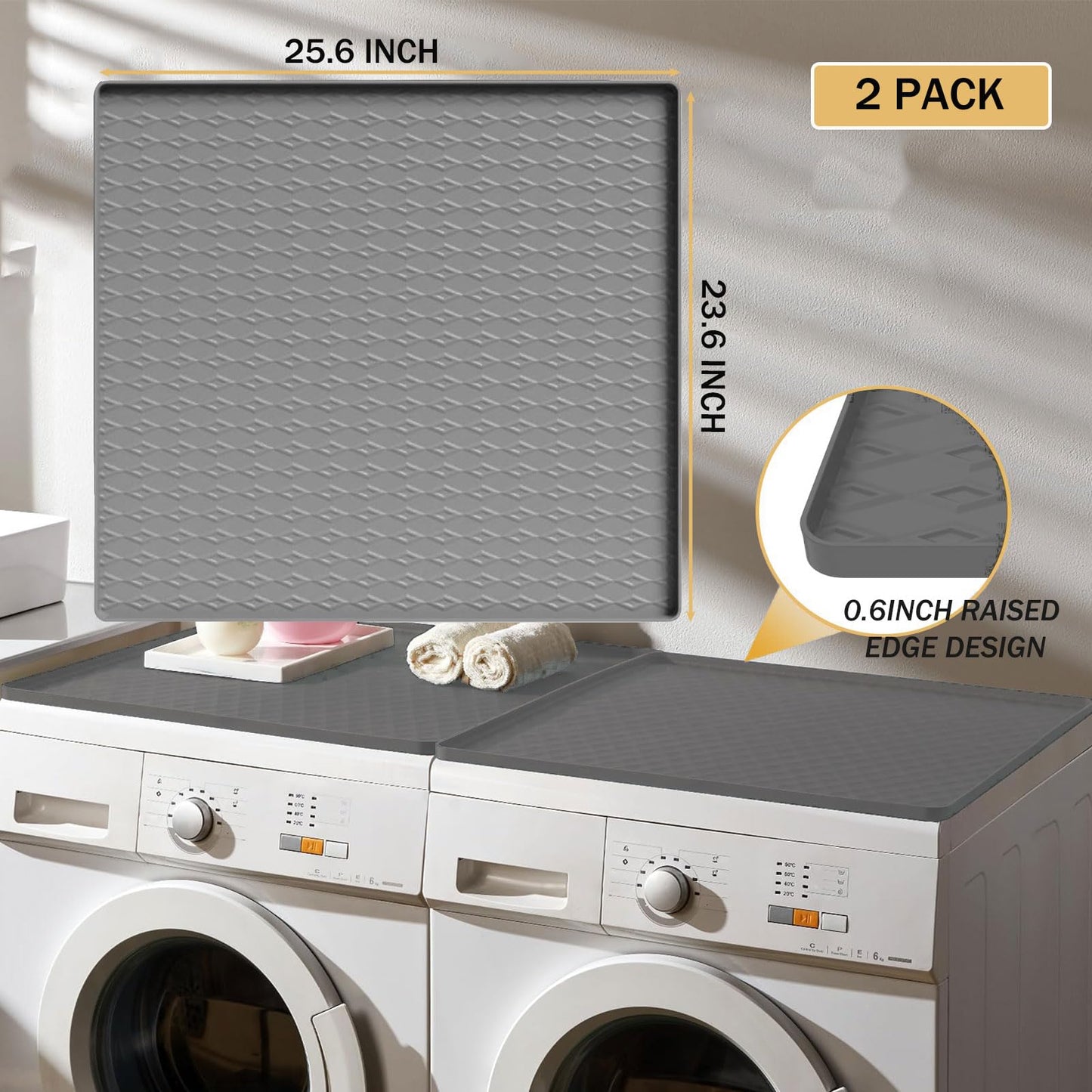 SCYFREID Washer and Dryer Top Protector Mat, 2 PCS, 25.6“ x 23.6" Silicone dust pad, Non-slip,Heat-Resistant, Leak-Proof Top Protector for Laundry Room Essentials,(Gray,2 PCS)