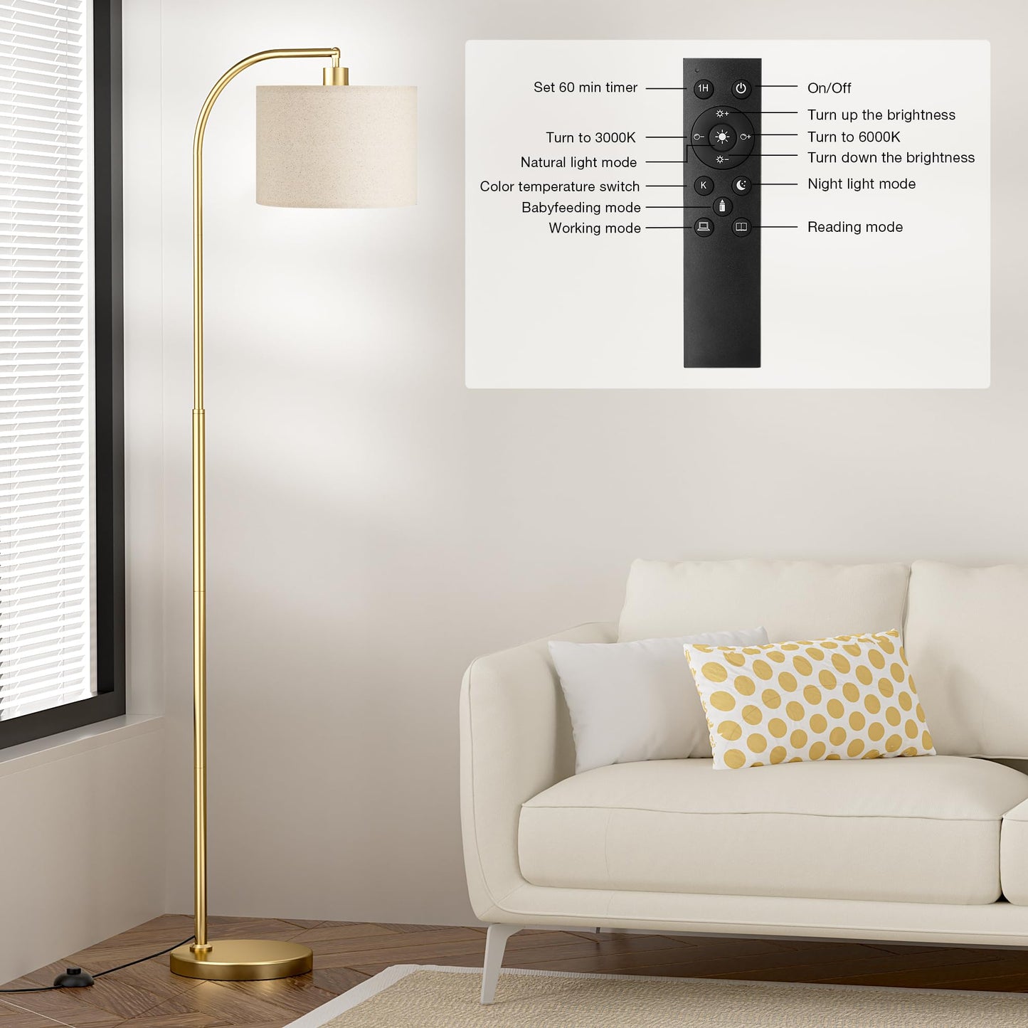 Ambimall Arc Floor Lamp with Remote and Stepless Dimmable Bulb, Colors Temperature & Brightness Adjustable, Gold Floor Lamps for Living Room（Deep Beige Shade & Gold Pole）