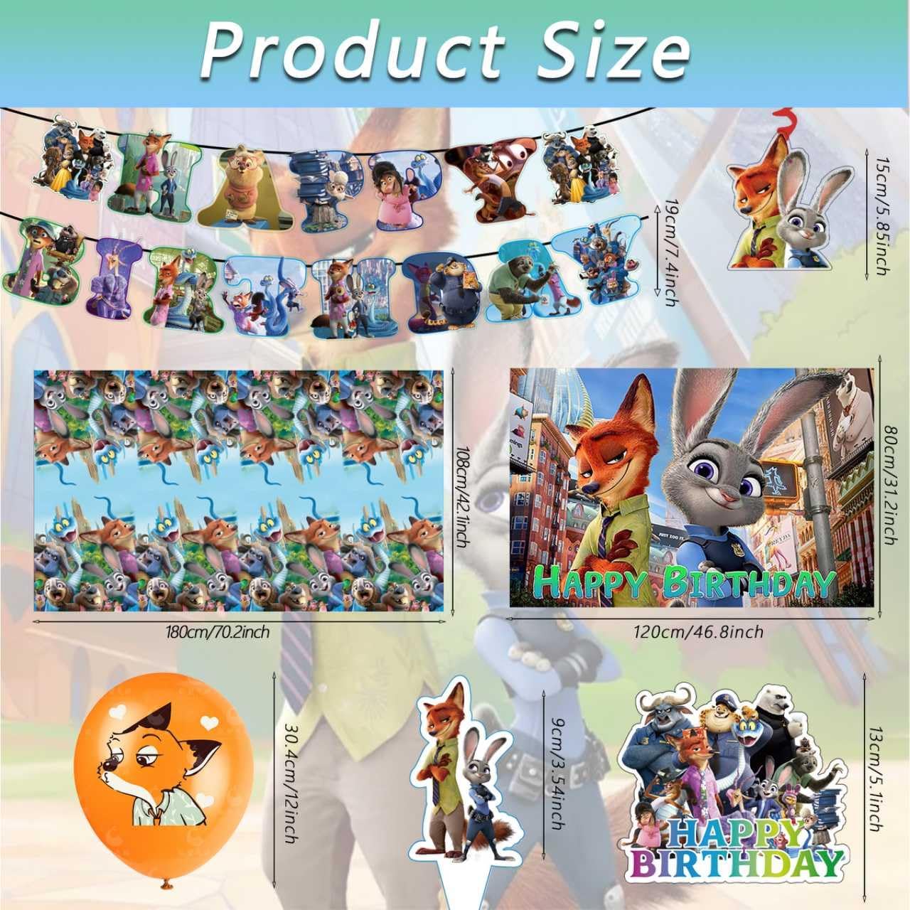49PCS Zootopia2 Birthday Party Supplies, Backdrop, "Happy Birthday" Banner, Tablecloth, Large Aluminum Balloon, Small Aluminum Balloons, Latex Balloons, Cake Topper, Cupcake Toppers, Hanging Swirls