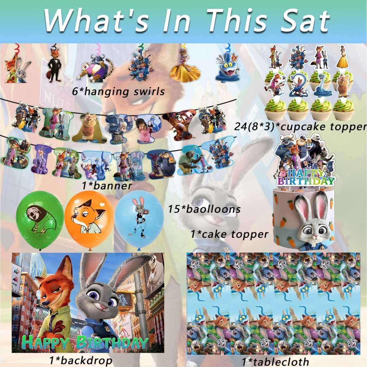 49PCS Zootopia2 Birthday Party Supplies, Backdrop, "Happy Birthday" Banner, Tablecloth, Large Aluminum Balloon, Small Aluminum Balloons, Latex Balloons, Cake Topper, Cupcake Toppers, Hanging Swirls