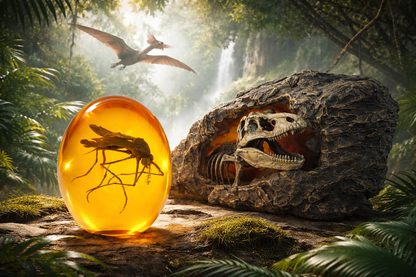 VEOJEIN 3D Mosquito in Amber & Jurassic Cave Fossil Dinosaur Skeleton Collectible Sculpture Resin Model Unique Prehistoric Era Paperweight and Decor Replica Science Gift