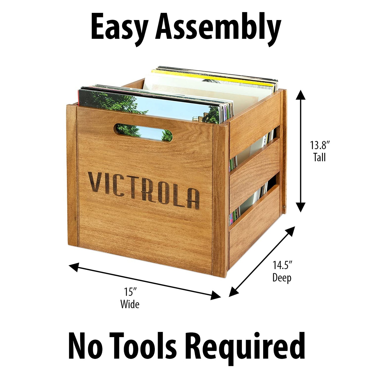 Victrola Wooden Record Crate – Tabletop Vinyl Album Holder, No-Tool Assembly, Holds Over 50 Records, Real Wood Construction, Elegant Design (Natural Wood)