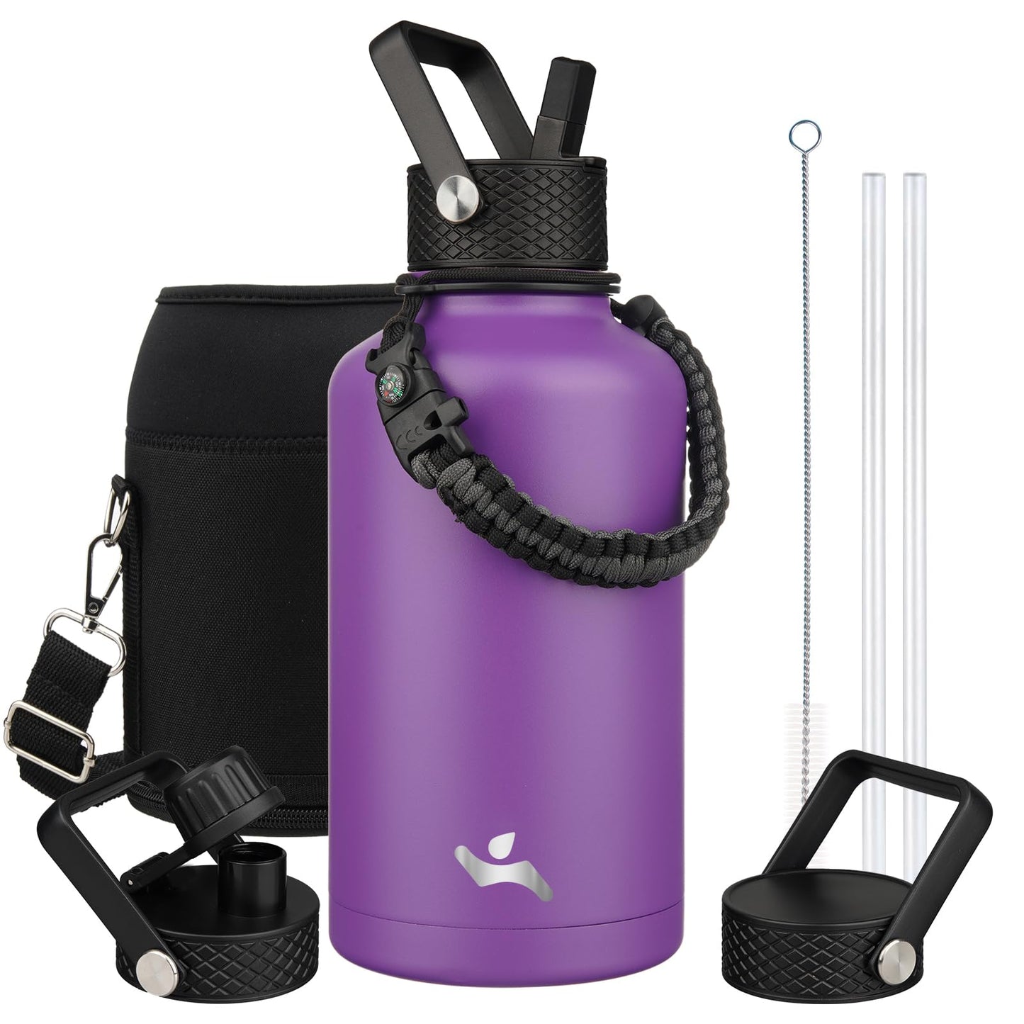 Konokyo Half Gallon Insulated Water Bottle with Straw,64 oz 3 Lids Water Jug with Carrying Bag,Paracord Handle,Double Wall Vacuum Stainless Steel Metal Flask,Purple