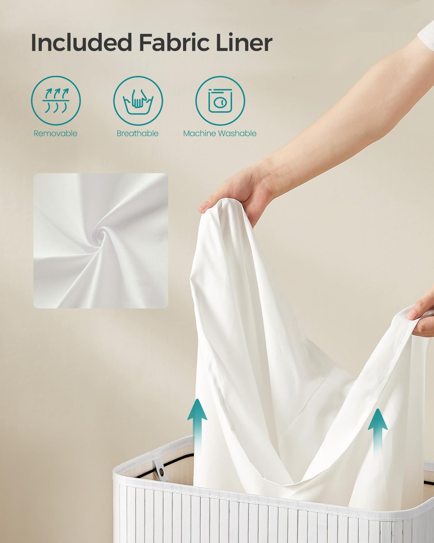 SONGMICS Laundry Hamper with Lid, Bamboo Laundry Basket, Removable Machine Washable Laundry Basket, with Handles, 26.4-Gallons, for Laundry Room, Bedroom, Bathroom, Cloud White ULCB063W01