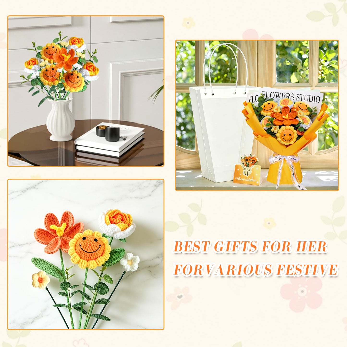 Bnoiiok Crochet Flower Bouquet, Handmade Knitted Flowers Bouquet,Orange Crochet Bouquet, Crochet Sunflower Unique Gift for Women Wife Teacher Birthday Anniversary Graduation Gifts