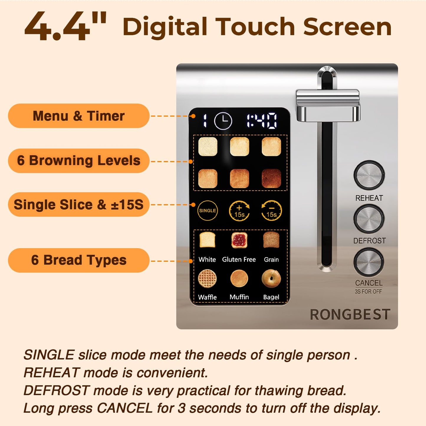 2 Slice Touch Screen Toaster with Wide Slots Stainless Steel Toasters for Family Breakfast, Even Toasting for Bagels & Bread, Reheat & Defrost, Easy Removable Crumb Tray, Silver