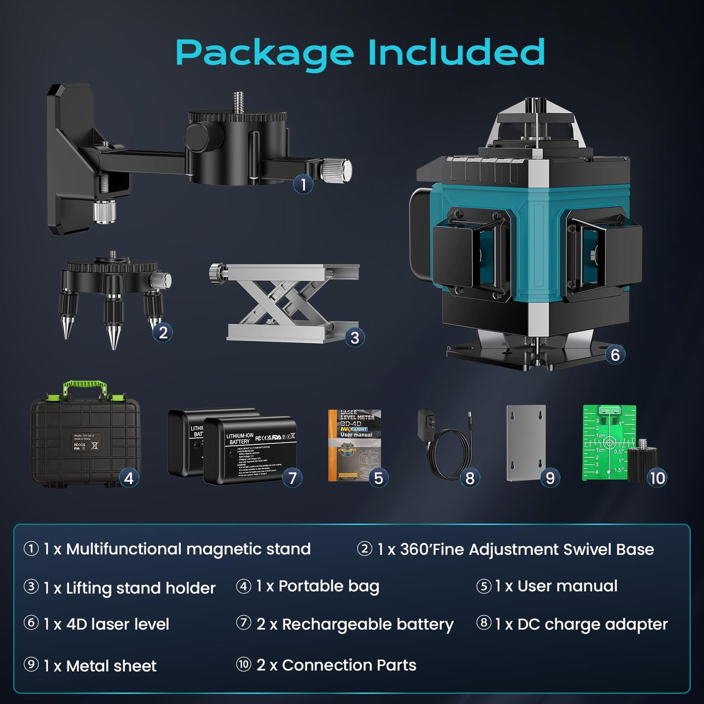 16 Line Laser Level 360 Self Leveling, 4x360°Professional 4D Green Cross Line laser Level with 2 Batteries, Adjustable Brightness & Remote Control, for Tiling Floor Construction and Picture Hanging