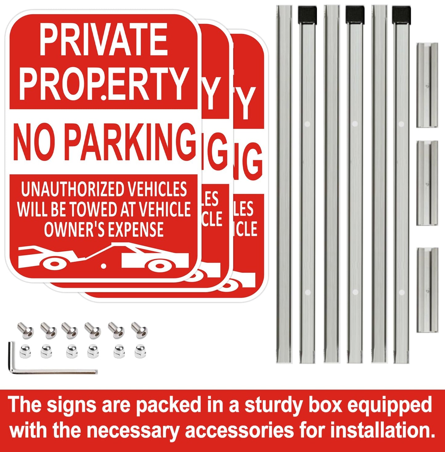 (3 Pack) Large Private Property No Parking Sign with Stake 36" Tall | 14" x 10" Vehicle Towed At Owner's Expense Sign, Reflective Rust Free Aluminum, UV Protected, Fade Resistance, Easy to install