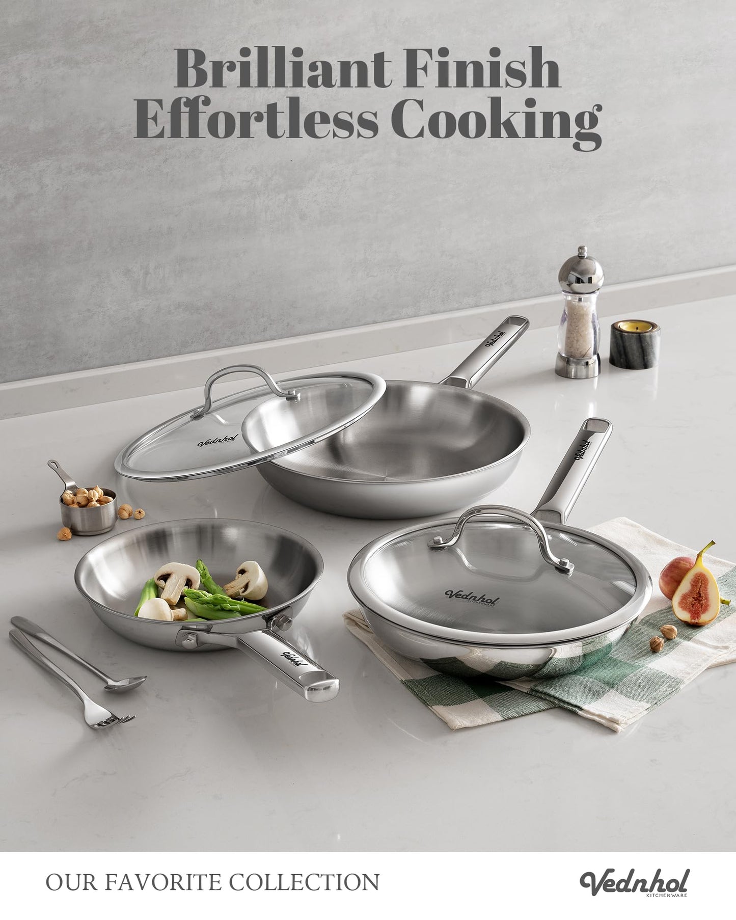 VEDNHOL Stainless Steel Frying Pan Set,8"&10"&12" Tri-Ply Stainless Steel Pans,Skillet,Frying Pan Stainless Steel,PFOA&PTFE Free,Dishwasher&Oven Safe,Induction Compatible Steel Pans for Cooking
