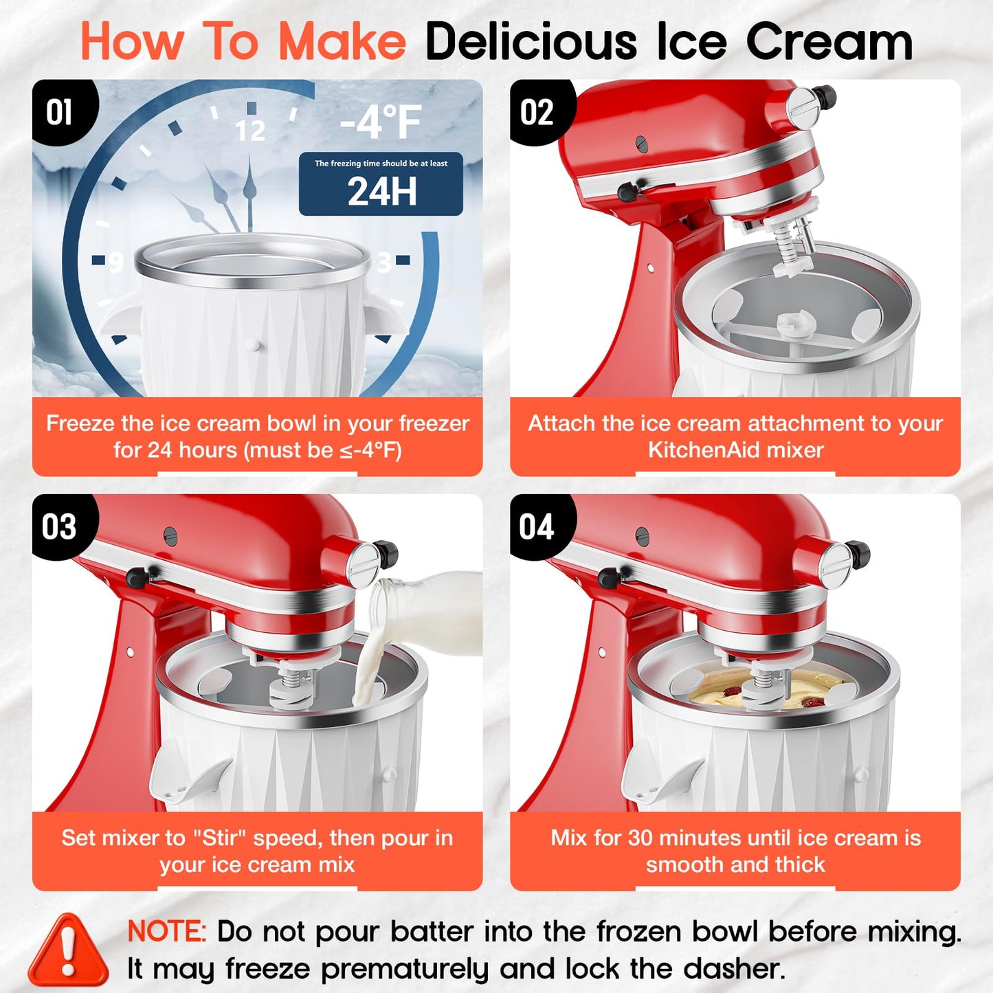Ice Cream Maker Attachment for KitchenAid Stand Mixer, 2 Quart Kitchen Aid ice cream attachment Frozen Yogurt Sorbet Gelato Maker, Fits 4.5QT and Larger Stand Mixers