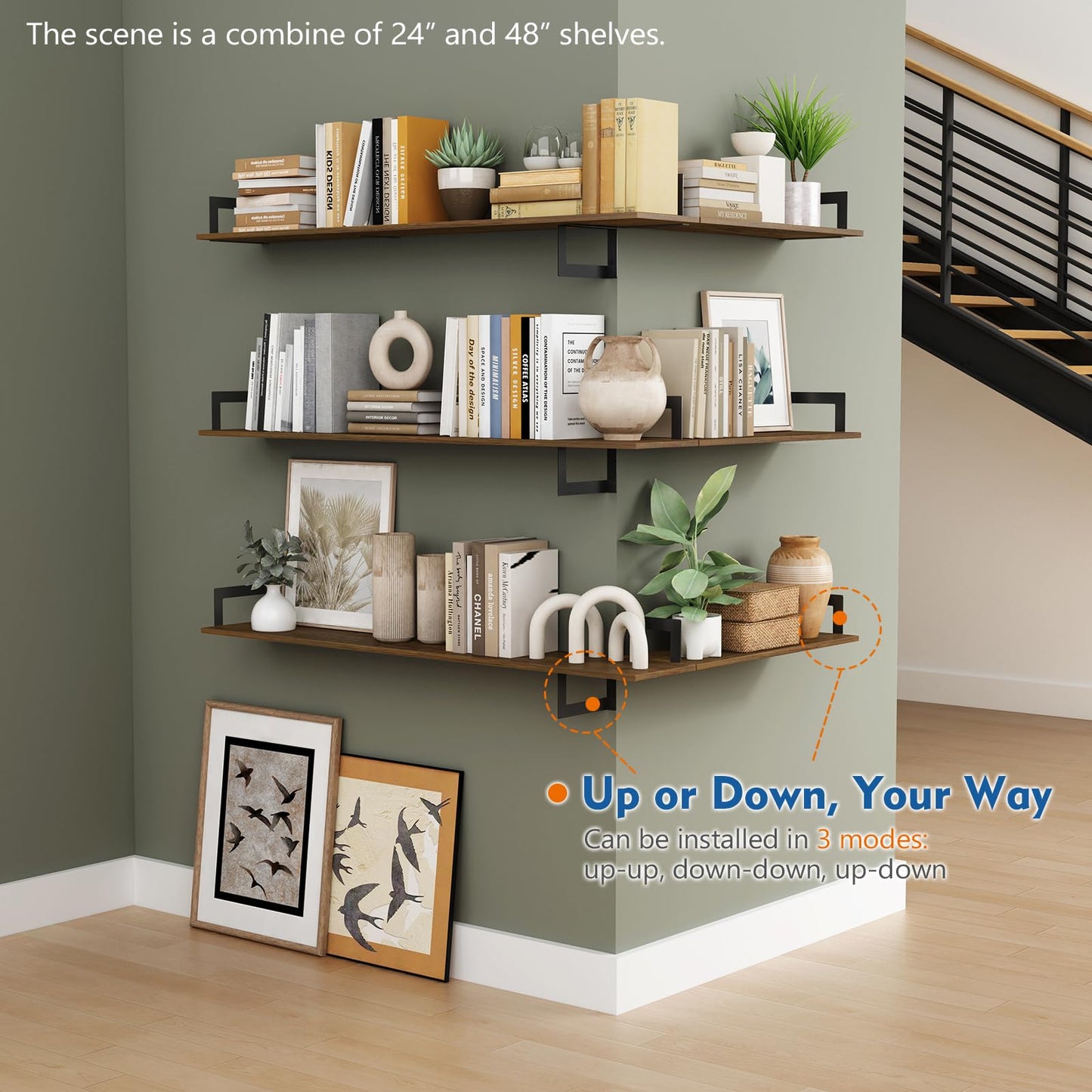 Harwaya Floating Book Shelves for Wall 3-Pack, 24 Inch Long Wall Mount Bookshelf for Bedroom, Rustic Farmhouse Wood Hanging Bookshelves for Living Room Office Books Plants (Dark Brown)