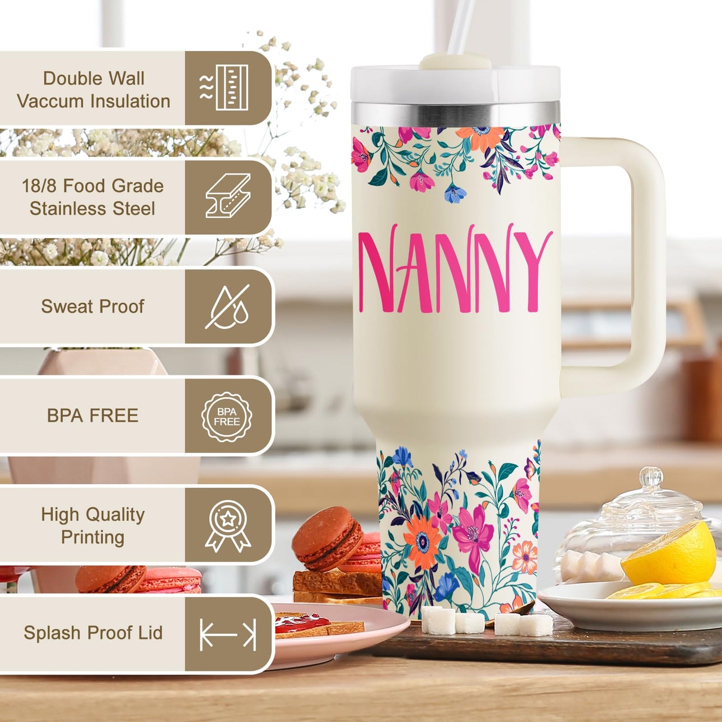 ROSTANTEN Nanny Gifts for Nanny Gifts for Grandma from Grandkids for Birthday Mothers Day Christmas 40oz Travel Cup Insulated Tumbler with Lid & Straw