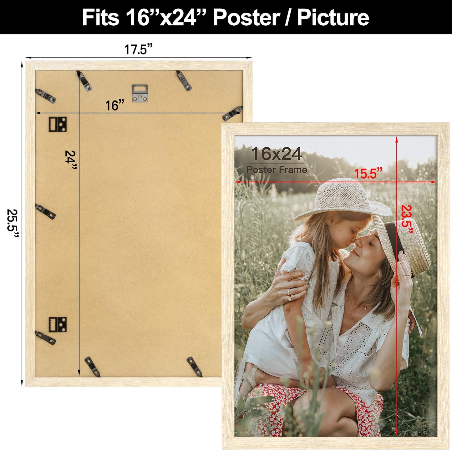 Momentworth 16x24 Frame Set of 3, Natural Wood Grain 16x24 Poster Frame for Gallery Wall Mounting (3 Pack,Natural)