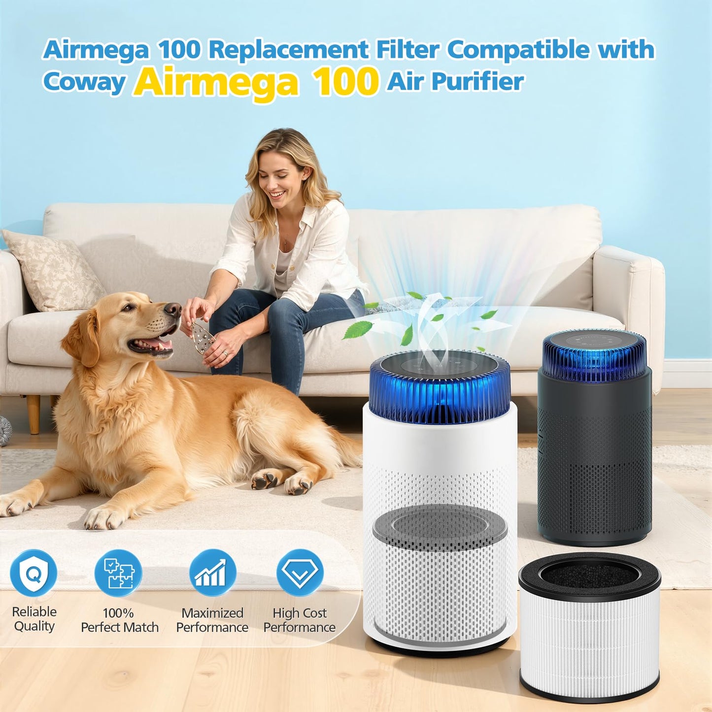 2 Pack Airmega 100 Replacement Filter Compatible with Coway Airmega 100 Air Purifier, 3-IN-1 Certified HEPA & Activated Carbon with Deodorization Filter