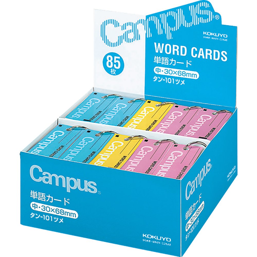 Kokuyo Campus Flash Cards with Binder Rings, Word Cards, Anki Cards, Mini Notecards, Medium Size 0.12''x 2.68'', 30 Packs in Blue, Pink and Yellow, Japan Import (TAN-101TSUME)