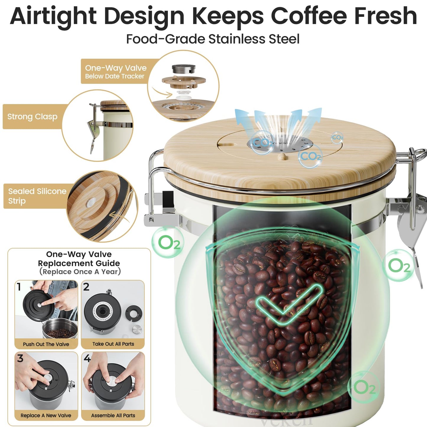 Veken Coffee Sugar Canister with Window, Airtight Stainless Steel Kitchen Food Storage Container with Lids, Date Tracker and Scoop for Grounds Coffee, Beans, Tea, Flour, Cereal Jars, 16OZ, Cream