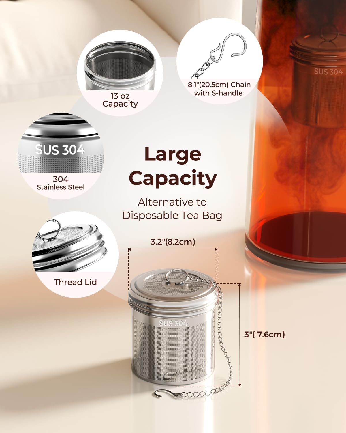 Reinmoson 2 Pack Large Tea Ball Infuser for Loose Leaf Tea & Spice Ball for Cooking Soup, 304 Stainless Steel, Threaded Lid, Chain Hook, Extra Fine Mesh Tea Strainer Ball for Herb, Iced Tea